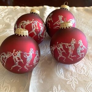 Vintage Set of 4 Burgundy Glass Ornaments with Glitter Kokopellis